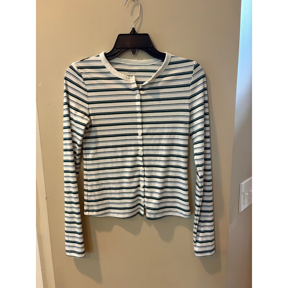 NWOT American Eagle Womens Striped Long Sleeve Button Front Cardigan Top white